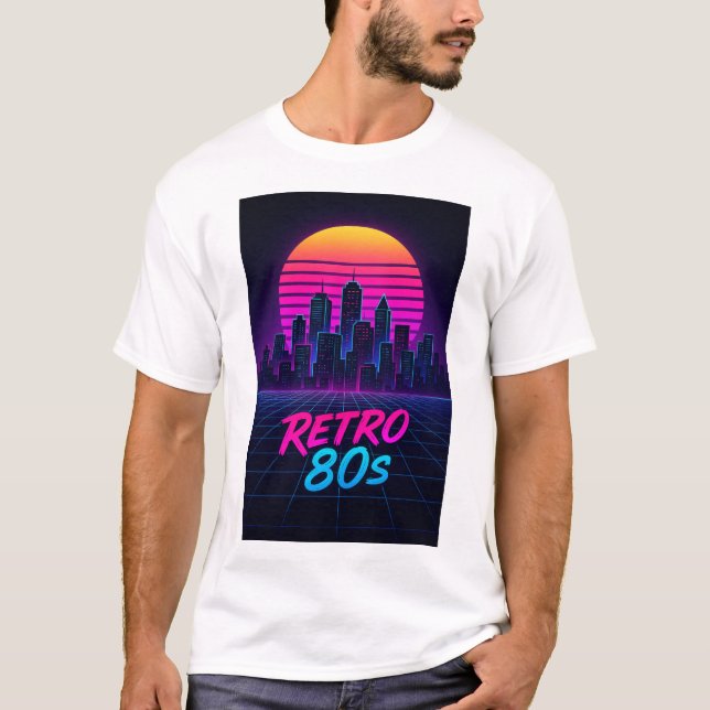 Retro 80s Synthwave City Skyline T-Shirt (Front)