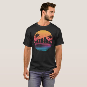 Retro 80s Synthwave Sunset City Skyline Palm Trees T-Shirt