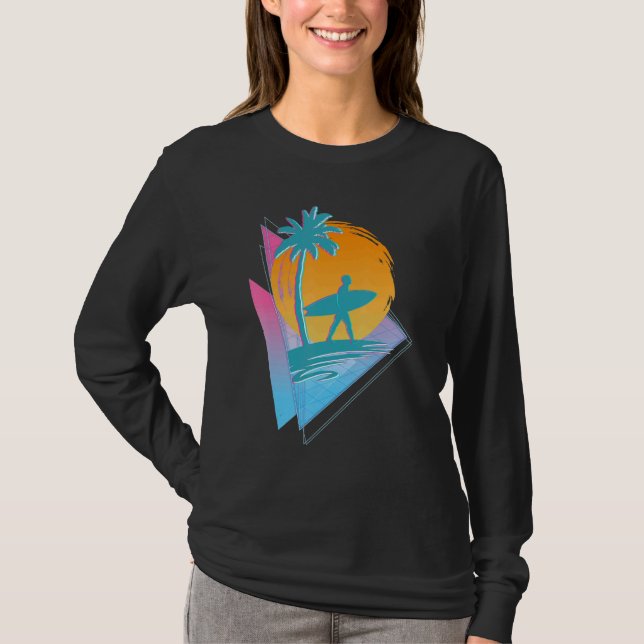Retro 80s Synthwave Surfing Surfer Palm Trees Vapo T-Shirt (Front)