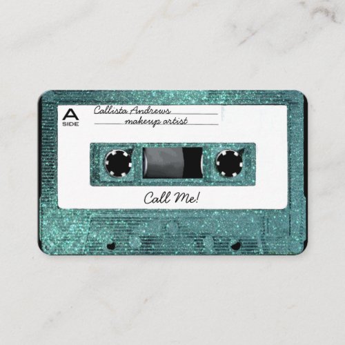 Retro 80s Teal Glitter Cassette Tape Mixtape Business Card