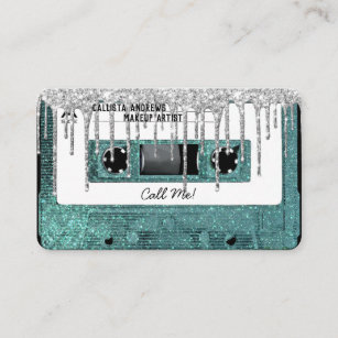 Retro 80's Teal Glitter Drip Cassette Tape Mixtape Business Card