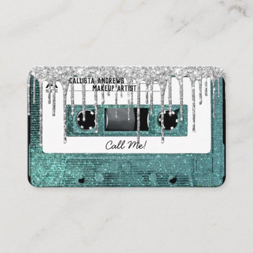 Retro 80s Teal Glitter Drip Cassette Tape Mixtape Business Card