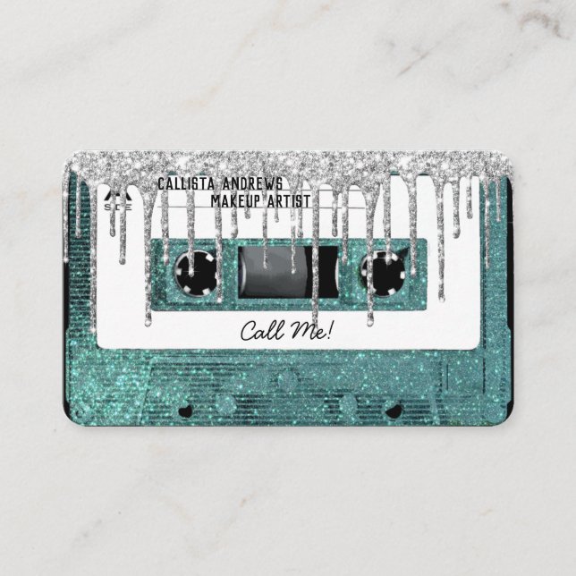 Retro 80's Teal Glitter Drip Cassette Tape Mixtape Business Card (Front)
