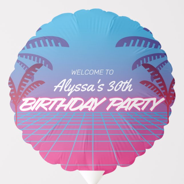 Retro 80s Themed Neon Pink Blue Birthday Party Balloon (Front)