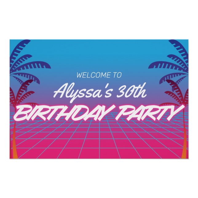 Retro 80s Themed Neon Pink Blue Birthday Party Ban Poster (Front)