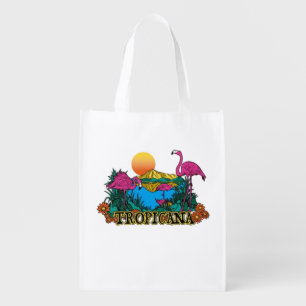 Retro 80s Tropical Flamingo Sunset  Grocery Bag