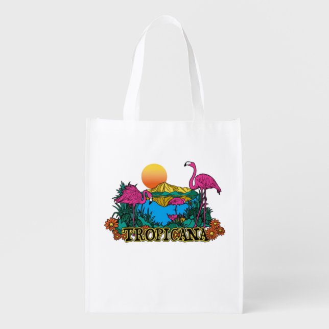 Retro 80s Tropical Flamingo Sunset  Grocery Bag (Front)