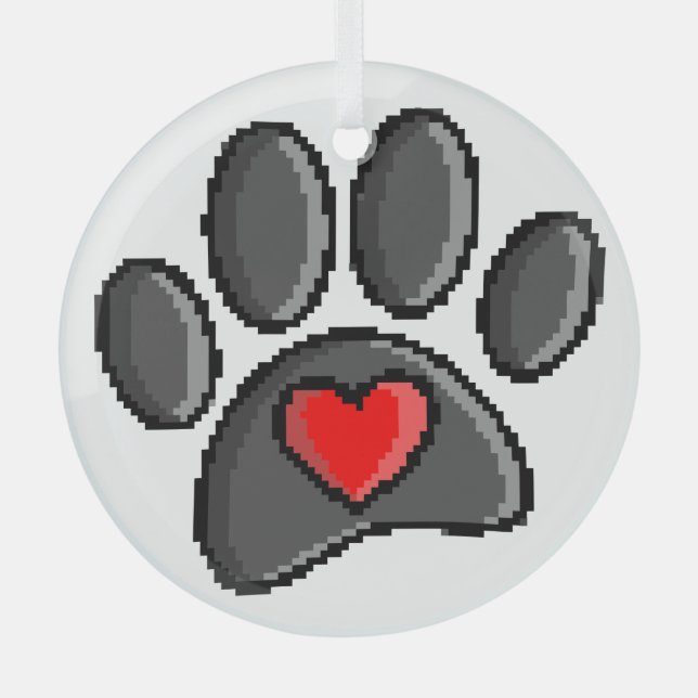 Retro 80s Video Game 8 Bit Pixel Art Dog Paw Patch Glass Ornament (Front)