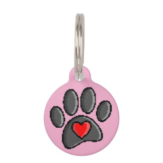 Retro 80s Video Game 8 Bit Pixel Art Dog Paw Print Pet ID Tag