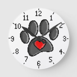 Retro 80s Video Game 8 Bit Pixel Art Dog Paw Print Round Clock