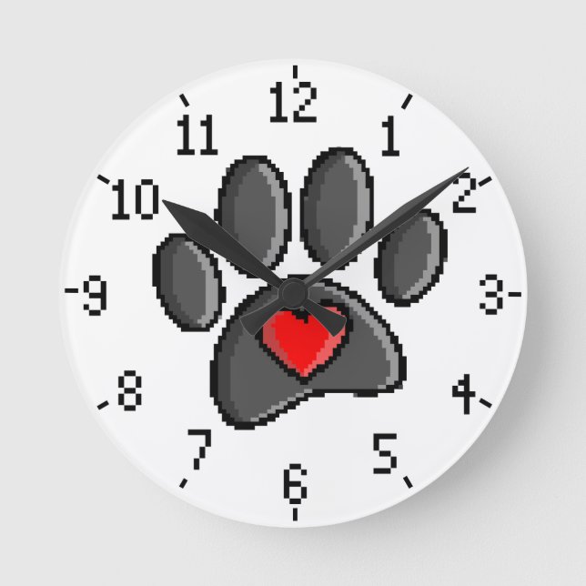 Retro 80s Video Game 8 Bit Pixel Art Dog Paw Print Round Clock (Front)