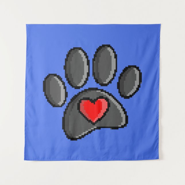 Retro 80s Video Game 8 Bit Pixel Art Dog Paw Print Tapestry (Front)