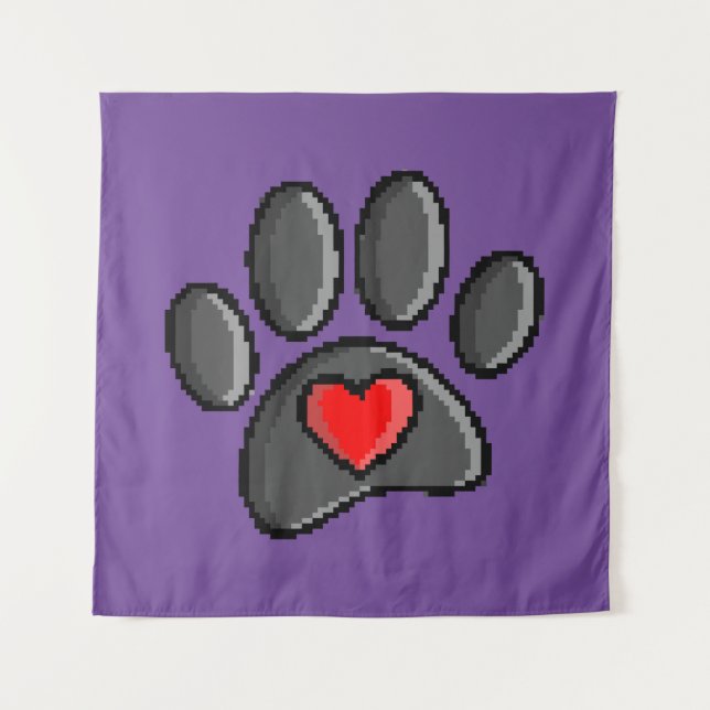Retro 80s Video Game 8 Bit Pixel Art Dog Paw Print Tapestry (Front)