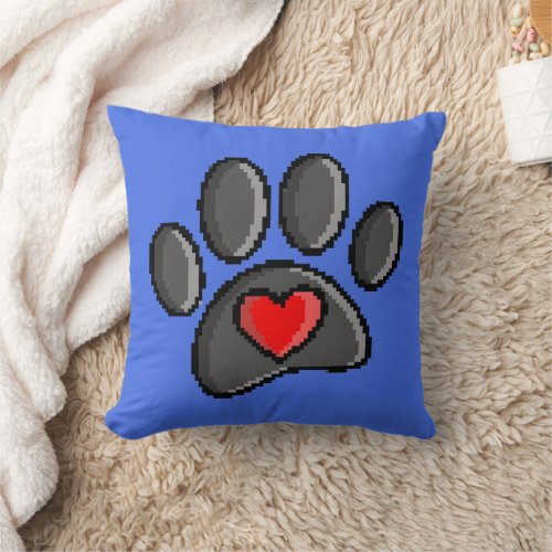 Retro 80s Video Game 8 Bit Pixel Art Dog Paw Print Throw Pillow