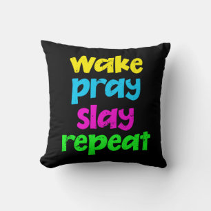 Retro 80's Vintage Neon Sign Wake Pray Slay Repeat Throw Pillow