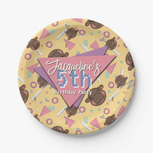 Retro 80's Yellow Baby Hippo Birthday Paper Plates (Front)
