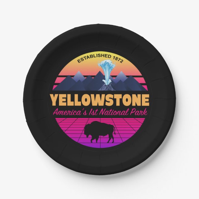 RETRO 80S YELLOWSTONE NATIONAL PARK NEON VAPORWAVE PAPER PLATES (Front)