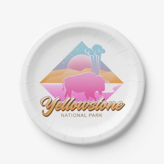 RETRO 80S YELLOWSTONE NATIONAL PARK VAPORWAVE PAPER PLATES (Front)