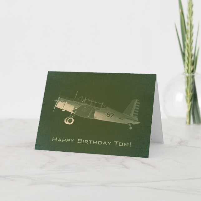 Retro #87 Green Airplane Birthday Card (Front)