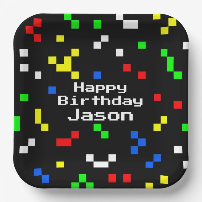 Retro 8 Bit Video Game Graphics Pattern Paper Plates (Front)