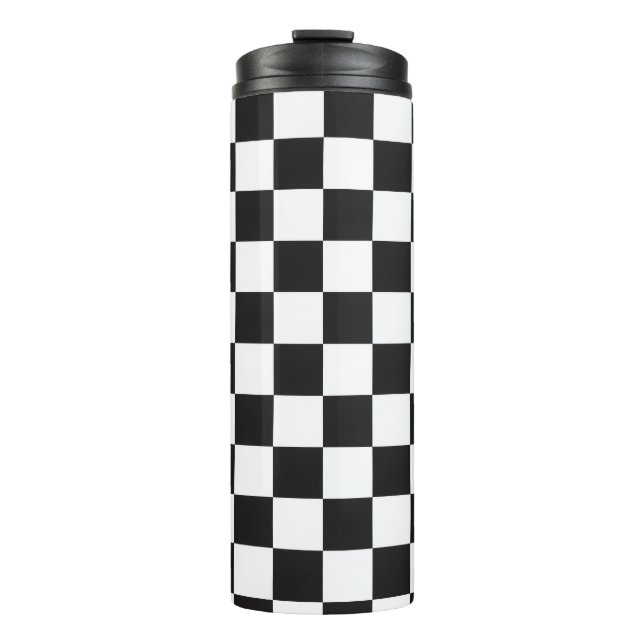 Retro 90s 00s Black and White Checkered Pattern Thermal Tumbler (Front)