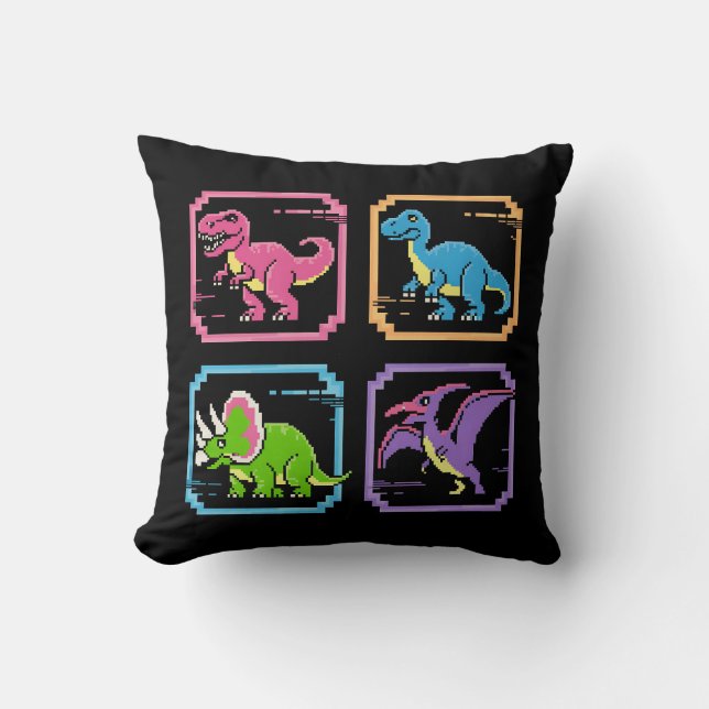 Retro 90s Arcade Dinosaur Characters Throw Pillow (Front)