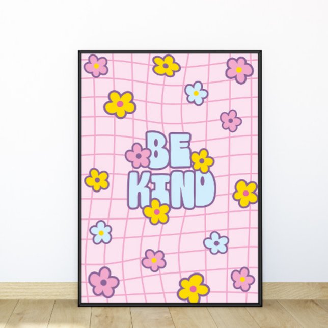Retro 90s Be Kind Flower Grid Pattern  Poster (Creator Uploaded)