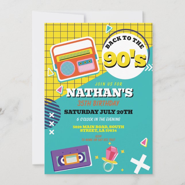Retro 90s Birthday Nineties Mens Women's Party Invitation (Front)