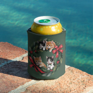 Retro 90s Cat Christmas Wreath Retro Cats Lover Can Cooler