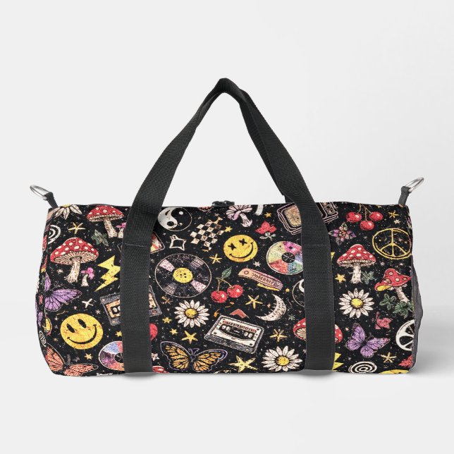 Retro 90s Celestial Psychedelic Pattern with Smile Duffle Bag (Front)