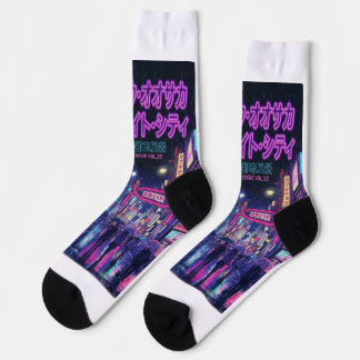 Retro 90s City Pop Night: Neon Tokyo & Osaka Rain Socks