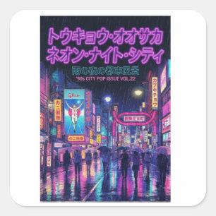Retro 90s City Pop Night: Neon Tokyo & Osaka Rain Square Sticker