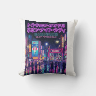 Retro 90s City Pop Night: Neon Tokyo & Osaka Rain Throw Pillow