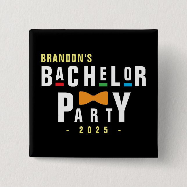 Retro 90s Colorful Bowtie Bachelor Party Black Button (Front)