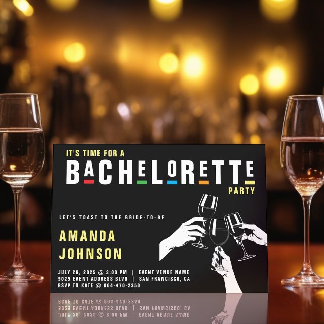 Retro 90s Colorful Cheers Bachelorette Party Black Invitation (Creator Uploaded)