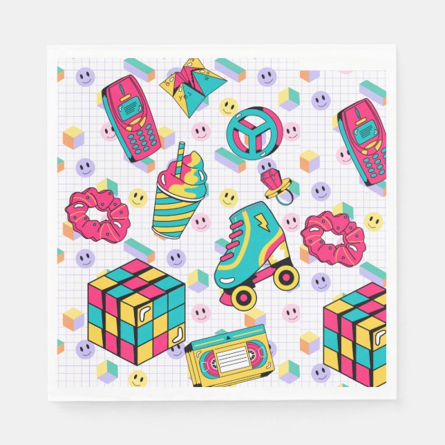 Retro 90s Funky Neon Glow Cassette Tape Birthday Napkins (Front)