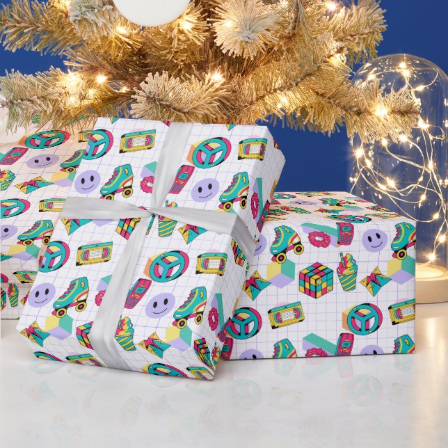 Retro 90s Funky Neon Glow Cassette Tape Birthday Wrapping Paper (Holidays)