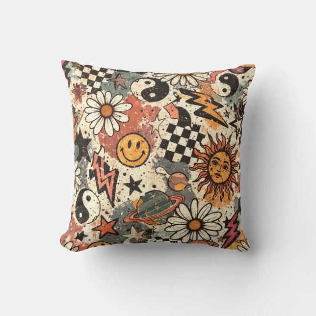 Retro 90s Grunge Celestial Doodle Pattern  Throw Pillow (Front)