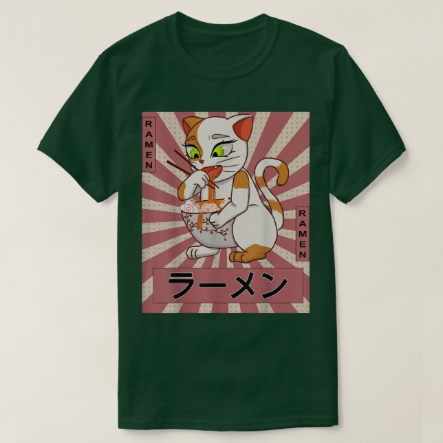Retro 90s Japanese Kawaii Anime Cat Eating Ramen N T-Shirt (Design Front)