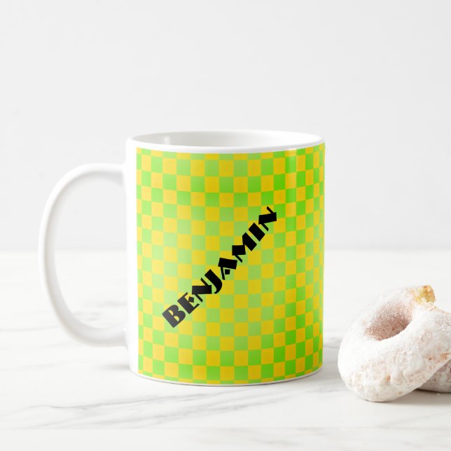 Retro 90s Lemon Yellow Lime Green Checkerboard Coffee Mug (With Donut)