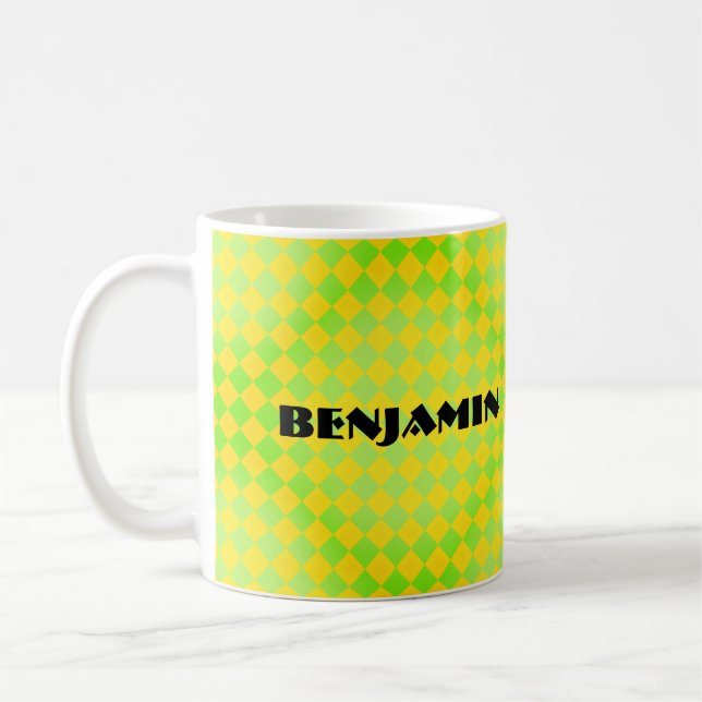 Retro 90s Lemon Yellow Lime Green Harlequin Coffee Mug (Left)