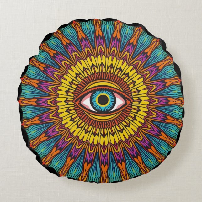 Retro 90s Mandala | Psychedelic Third Eye Graphic Round Pillow (Front)
