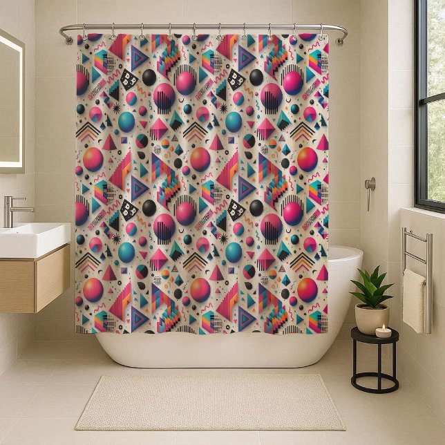 Retro 90s Memphis Geometric Neon Shower Curtain (Retro 90s Memphis Geometric Neon Shower Curtain)