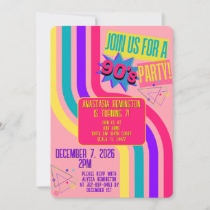Retro 90's Party Pink Nostalgic Birthday Invitation