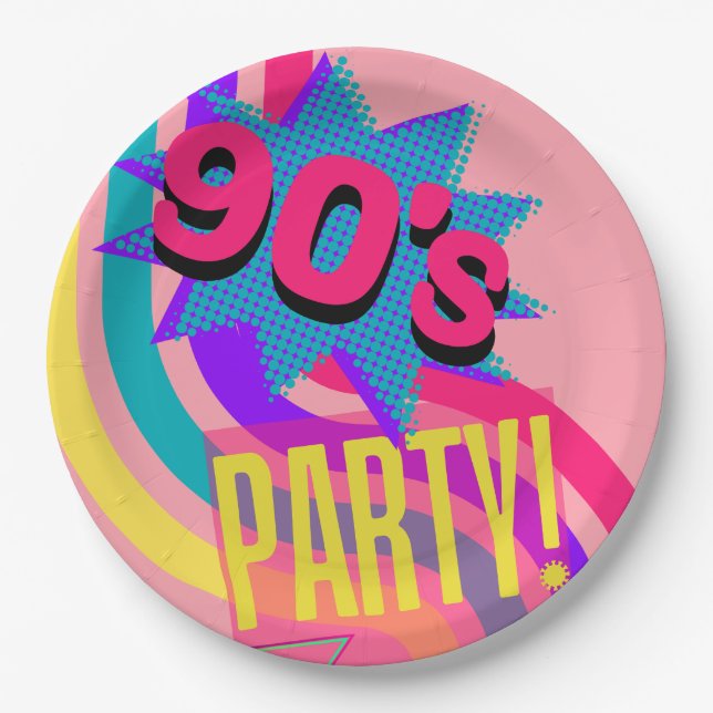 Retro 90's Party Pink Nostalgic Birthday Paper Plates (Front)