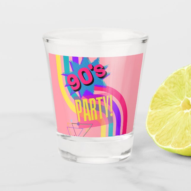 Retro 90's Party Pink Nostalgic Birthday Shot Glass (Front)
