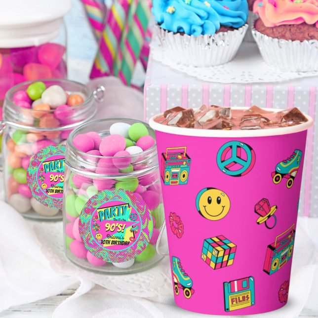 retro 90s party pink teal yellow cute pattern paper cups (Creator Uploaded)