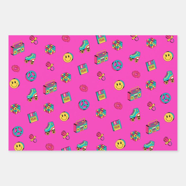 Retro 90s pattern purple pink teal party wrapping paper sheets (Front)
