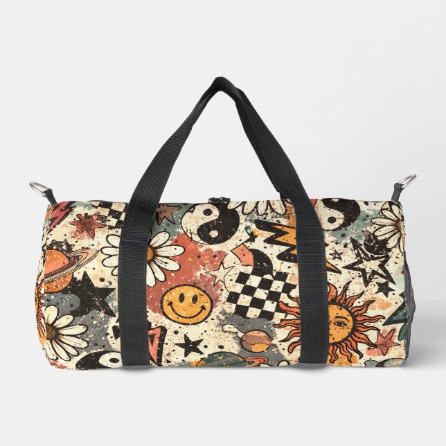 Retro 90s Psychedelic Doodle Pattern with Yin Yang Duffle Bag (Front)