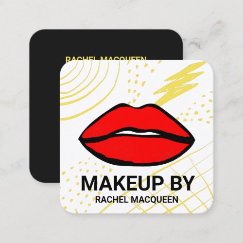 Retro 90s Red Yellow Geometric Lips Makeup Square Business Card